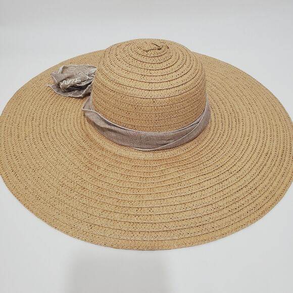 Floppy Brim Straw Paper Hat with Fabric Sash Tie Bow - Picture 3 of 7